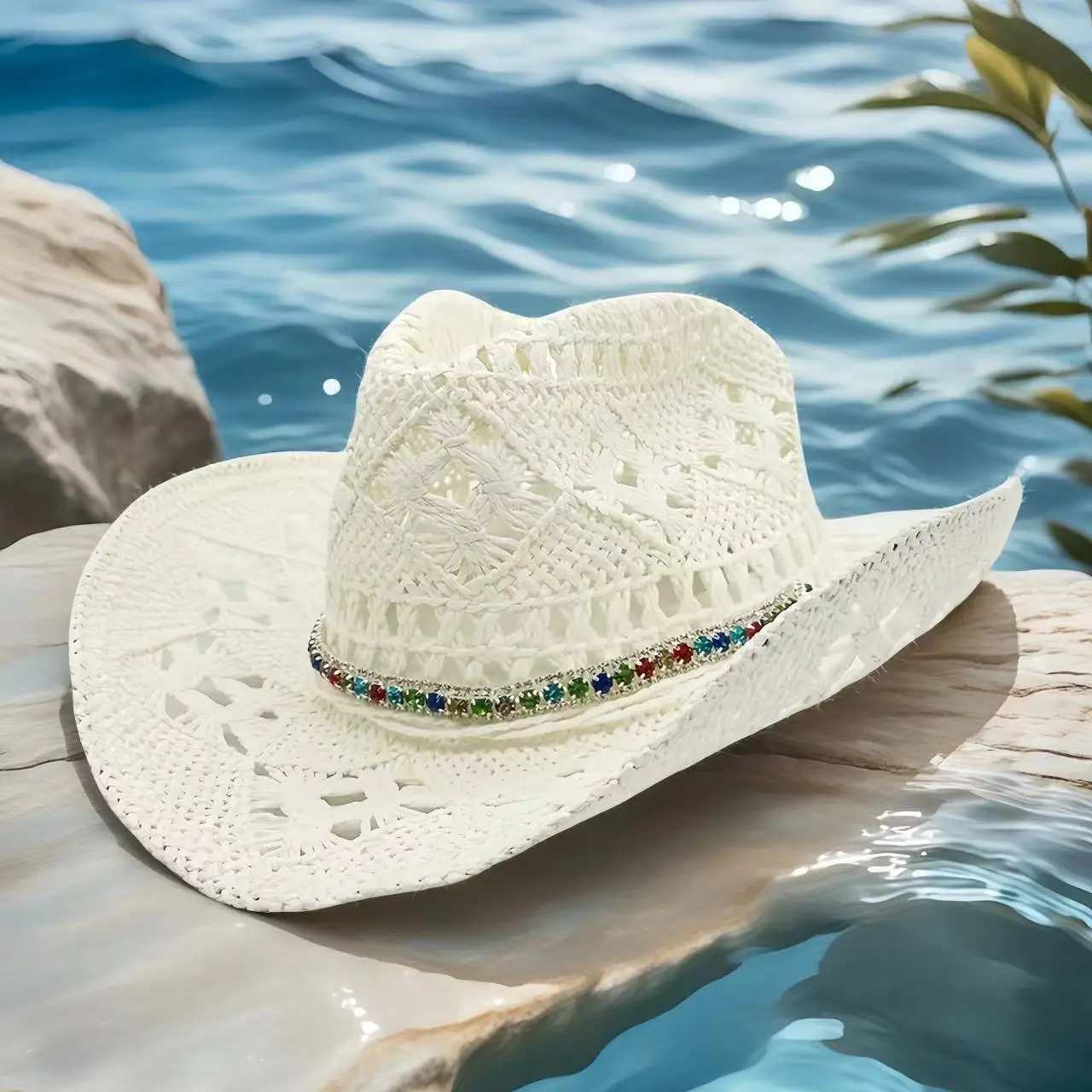 Rhinestone Cowboy Hat Straw Sun Hat for Women Men Beach Vintage Western Cowgirl Party Summer Festival Country Music Headwear