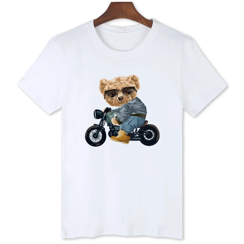 Teddy Bear Riding Motorcycle Cool T-shirt Short Sleeve Tees Oversized Shirt Summer Cool Tops for Men