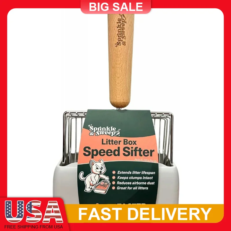 

Heavy Duty Metal Cat Litter Scoop Speed Sifter with Beech Wood Handle Hygienic Stand Washable for All Litter Types Fast Cleaning