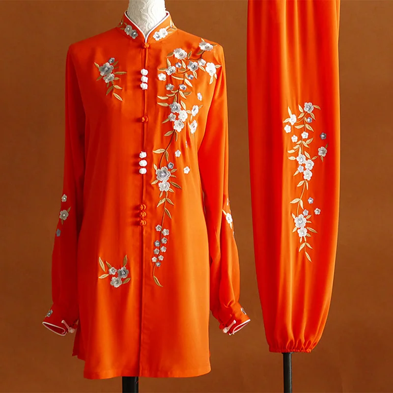 Silk Linen Orange Embroidered Tai Chi Suit Martial Arts Training Wear Men Women Medium Long Thin Customized Design