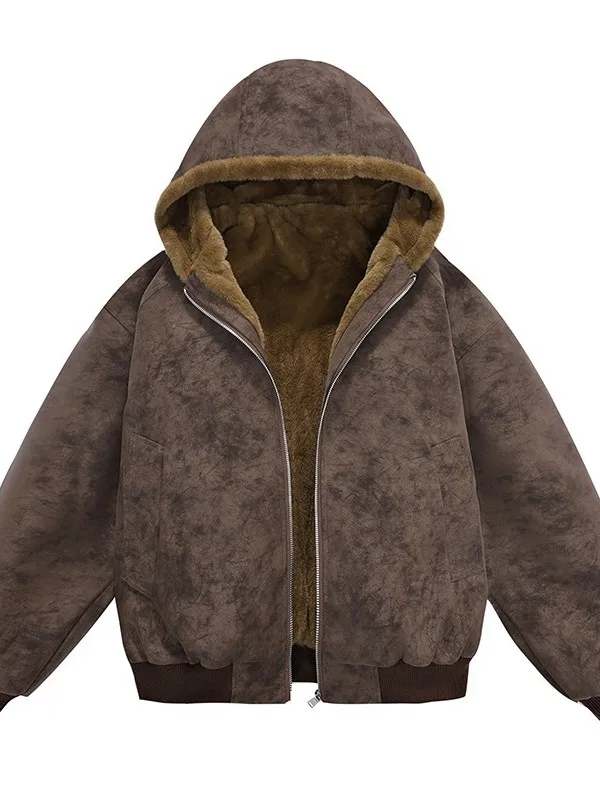 

Dopne Lamb Fur Hooded Thiened Cotton Jaet Men's Winter Warm Outerwear Anti-Cold Casual Sle Regular Sve Long Zipper