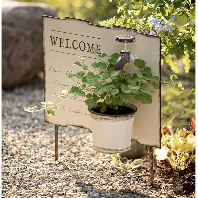 Creative Garden Flower Pot Ironwork Vintage Welcome Sign Courtyard Plug In Bonsai Basin Versatile Scene Gardening Decoration