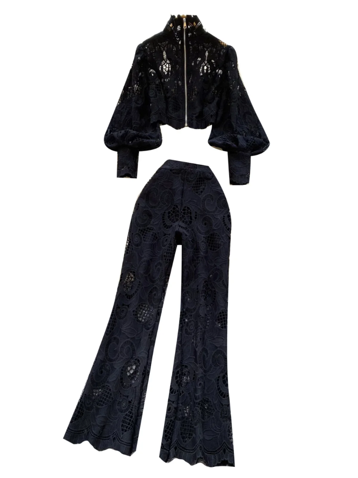 

High-End Women's Faion Set Lace Hollow out Lantern Sve Stand Collar Top High Waist Flared Pants Ele Two-Piece Ensemble