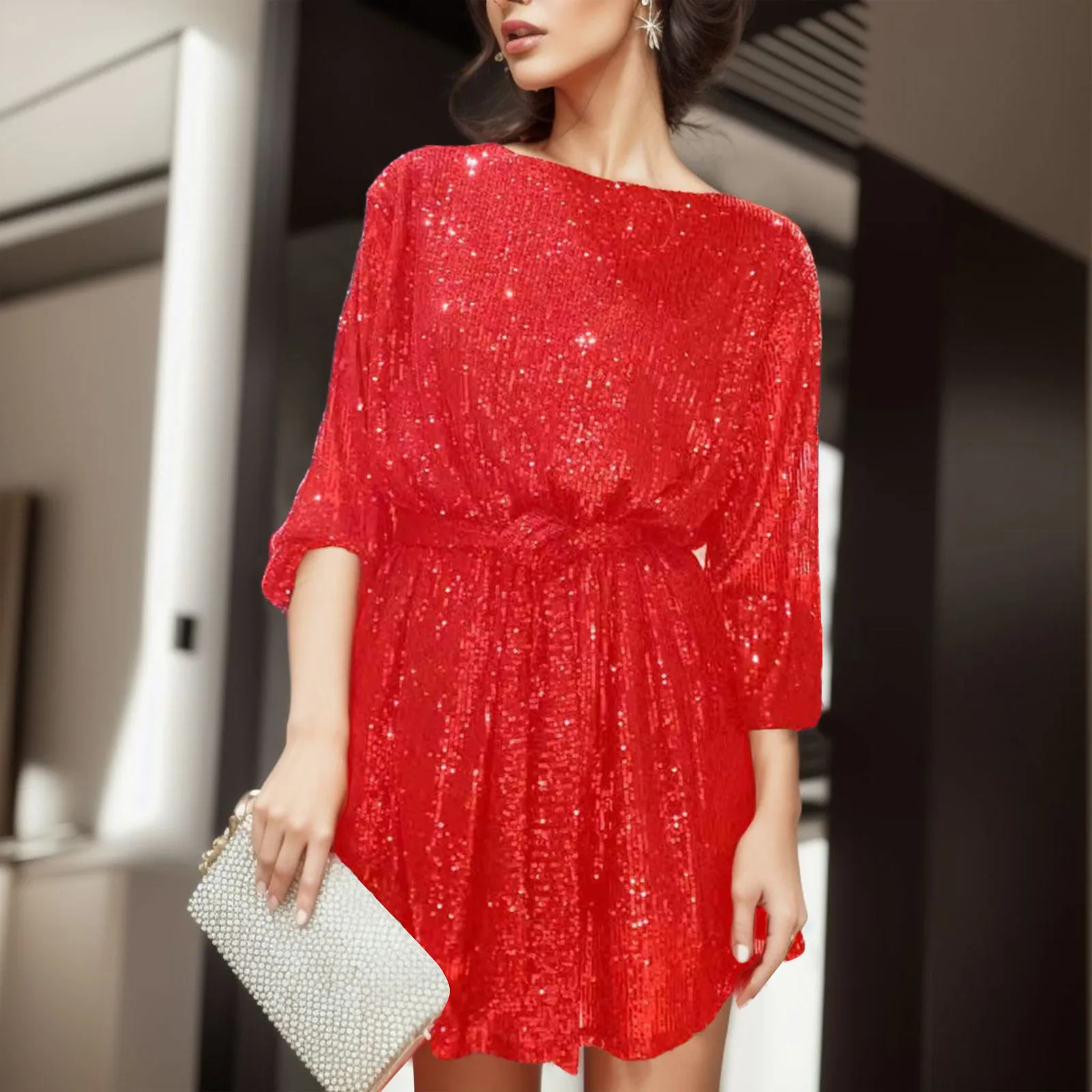 Glitter Sequin Dress Prom Womens Puff Long Sleeve with Belt Evening Wedding Bridesmaid Sparkly Loose Fit Mini Short Dresses