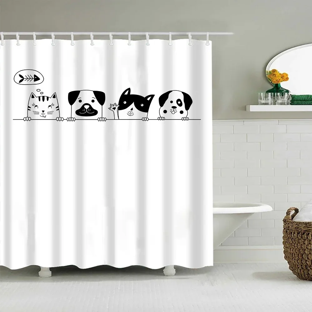 Puppy Cat Cute Cartoon Shower Curtains Washable Fabric Polyester For Bathtub Art Bathroom Decor Partition With Hooks Waterproof