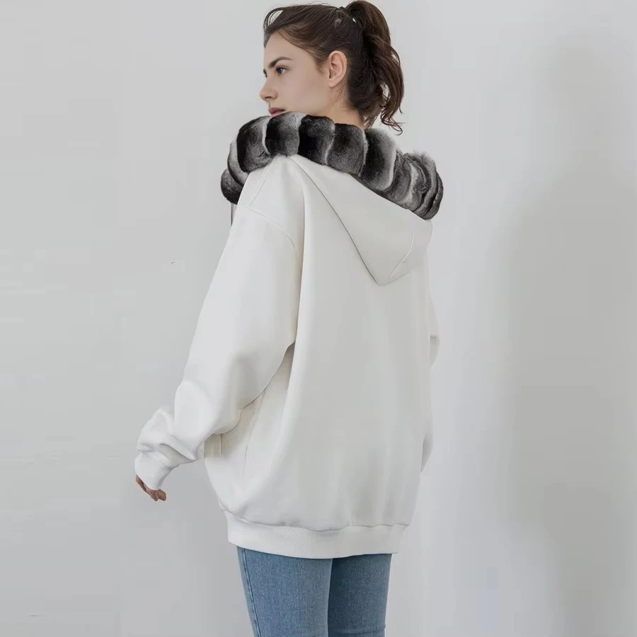 Giacca da donna nuova vera pelliccia di coniglio Rex Giacca autunno inverno Giacca in cashmere con cappuccio Caldo lusso