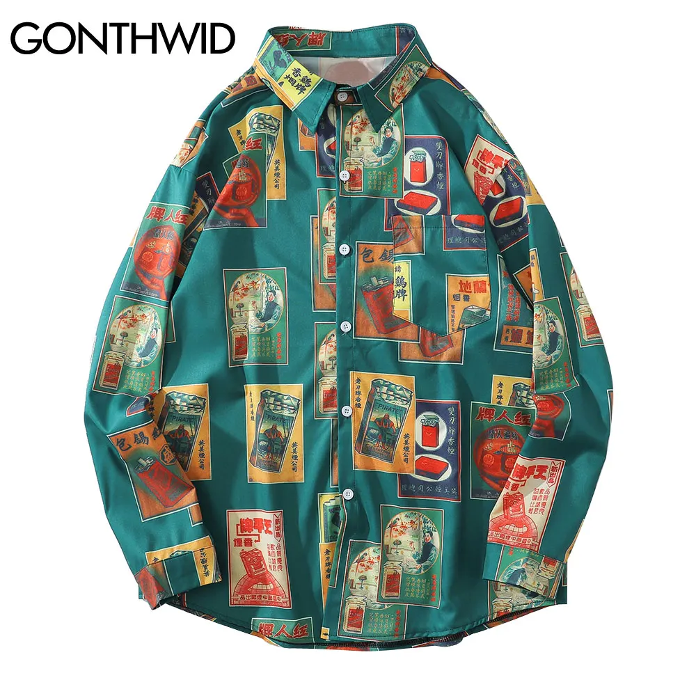 

GONTHWID Hawaiian Beach Shirts Harajuku Vintage Poster Print Long Sleeve Aloha Party Holiday Shirt Mens Casual Button Down Tops