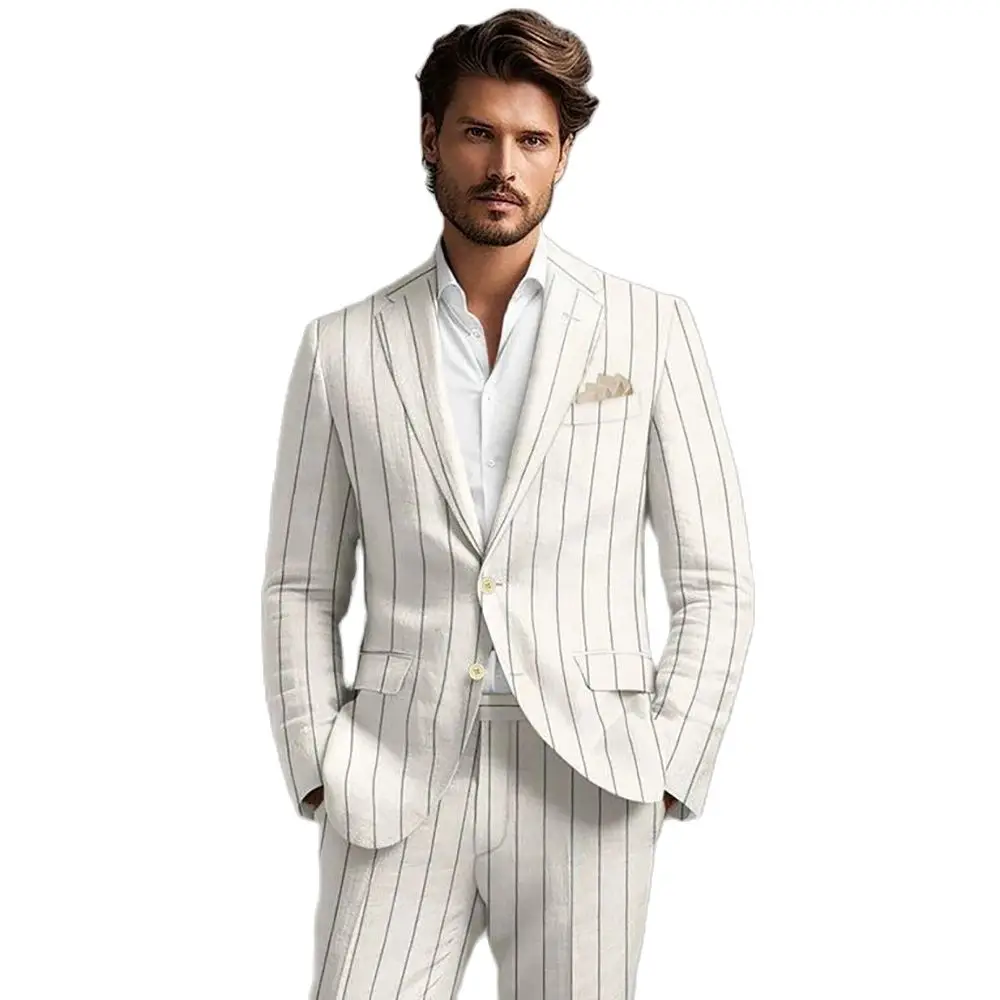 Handsome High-end White Stripe  Men Suit Blazer and Pants Customizable Sungle Breasted 2-Pieces Set