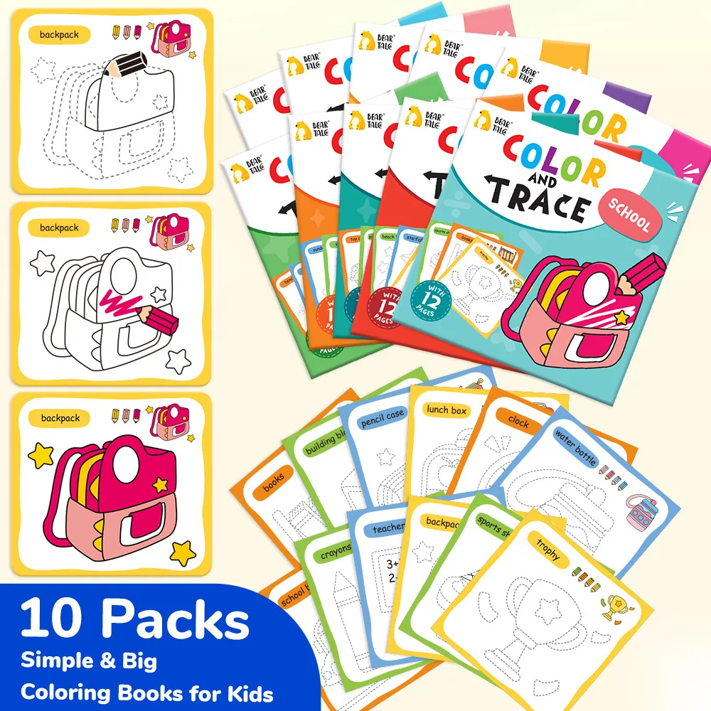 10 Book Set, Children's Coloring Book To Enhance Cognitive Thinking, Including 10 Cartoon Themes for Boys and Girls