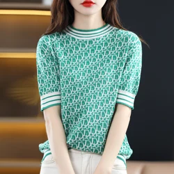 Summer New Women's Knitted Pullover Round Neck Short Sleeve Fashion Contrast Color 100% Cotton T-Shirt Loose Casual Top