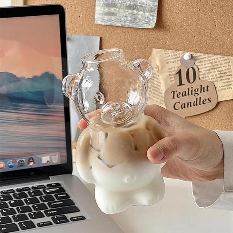 YWDL Bear Shape Glass Cup Coffee Mug Cute Cartoon Creative Glass Juice Cup Tea Cup Drinkware Halloween Party Decorations