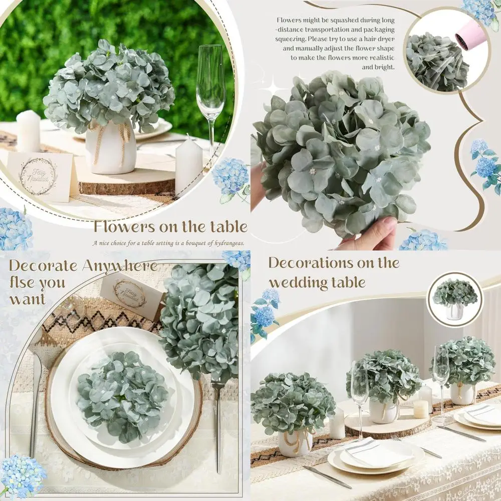 

Искусственные стебли гортензии цвета шалфей с вазами, набор из 6 штук для свадебных и праздничных композиций на стол