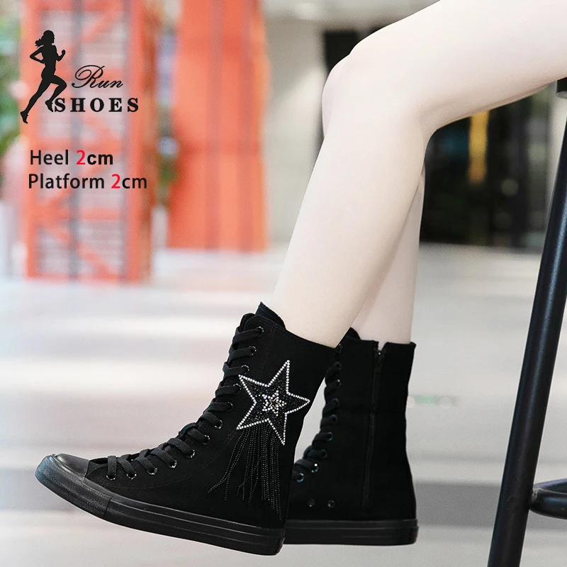 Black Canvas Shoes For Women Casual Short Boots 2024 New Ladies Outdoors Sports Sneakers Zipper Lace Up Spring Autumn Woman Flat