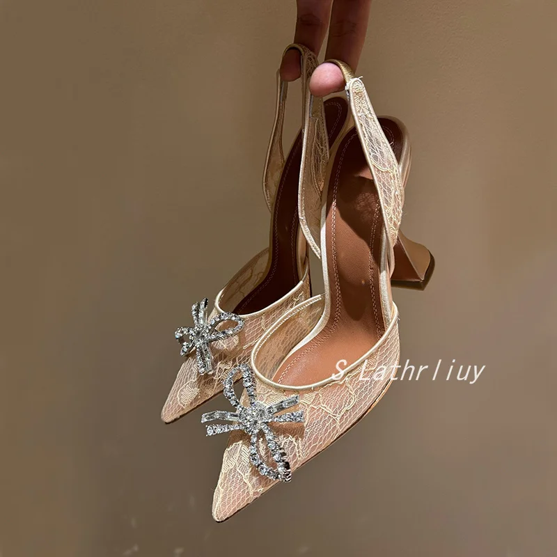Sandals Rhinestone Flower Pointed Toe High Heels Women Lace Thin Heels Back Strap Sandalias Summer Fashion Party Dress Pumps view 3
