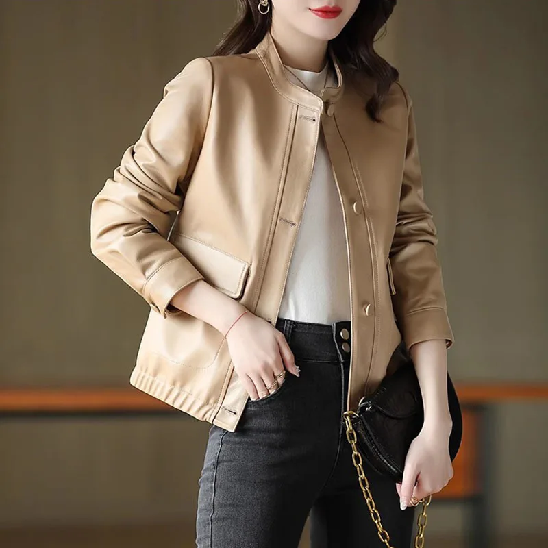 

2023 Casual Slimming Sheepskin Coat Women's Short Spring Autumn New Solid Color Stand Neck Single Breasted Genuine Leather Jacke