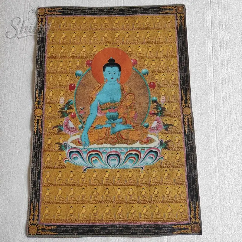35.4″ Bhaisajyaguru Brocade Tibetan Tangka Embroidery Painting Gold Thread Embroidery Decorative Hanging Pictures