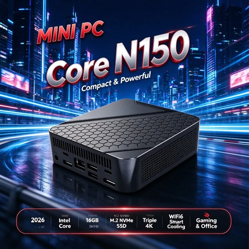 미니 PC, 인텔 N150 프로세서, 16GB RAM, M.2 NVMe 512GB SSD, Wi-Fi 6, 블루투스 5.2, 저소음 쿨링 시스템, 트리플 4K 지원, 휴대용, 가정 및 사무용 프로 PC.