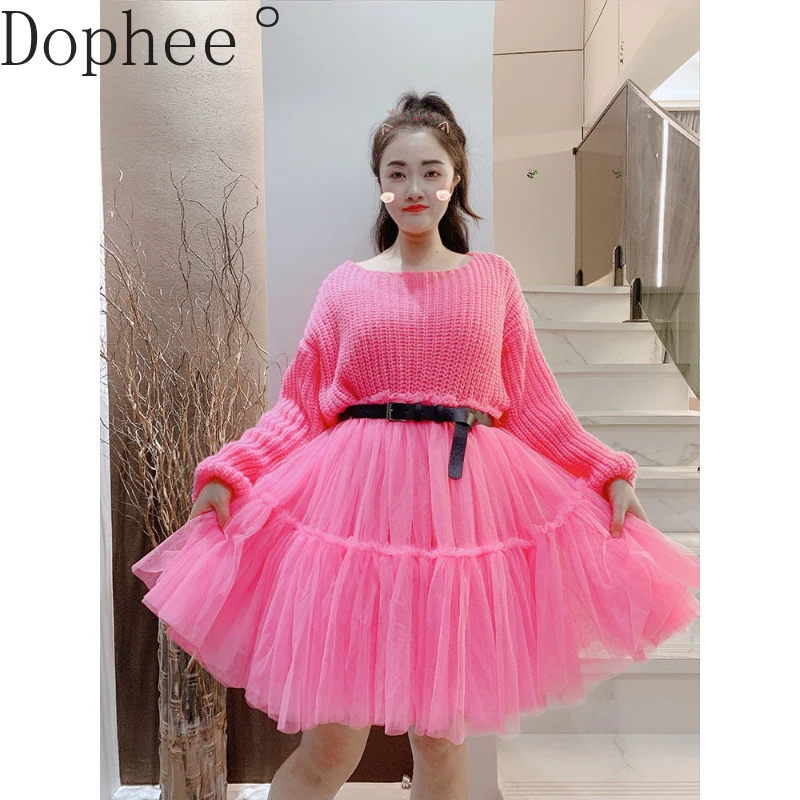 

Korea New Autumn Winter Cute Mesh Splicing Sweater Dress Women Lazy Wind Mid-long O-neck Pullover Sweaters Fairy Dress Pink