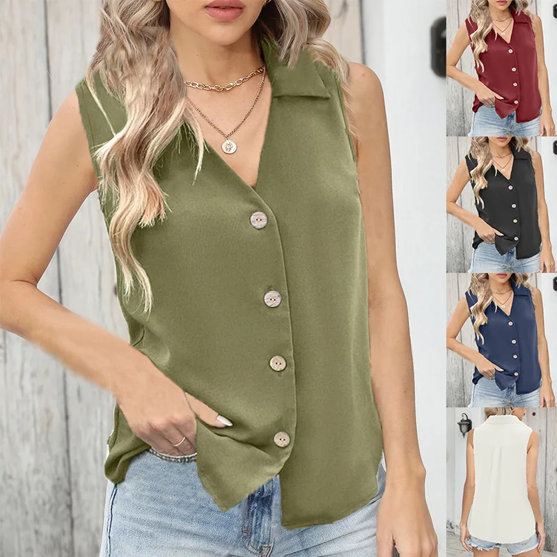 

Women's V-Neck Loose Chiffon Shirt, Sleeveless, Single Breasted Vest, Monochromatic, New, Summer, 2024