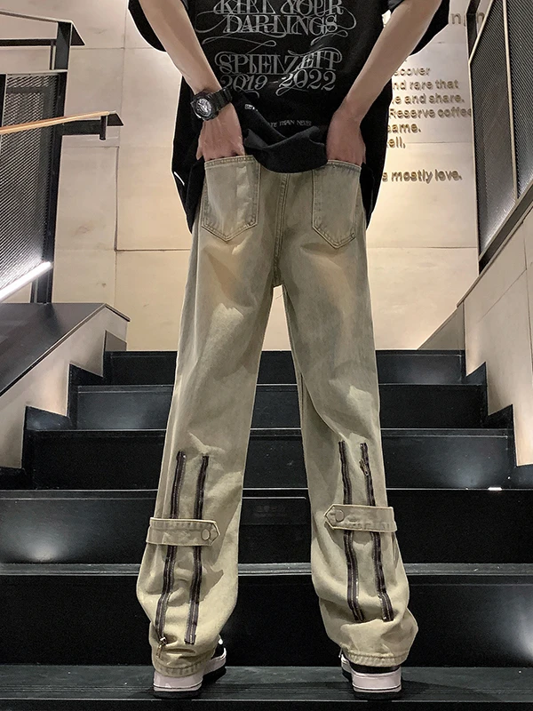 

American Sle Men's Casual Straight Leg Jeans Spring Autumn Wear Resistant Loose Fit Wide Leg Pants Classic Vintage