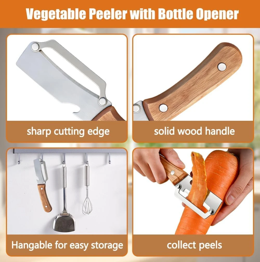 Multif Vegetable Peeler with Wooden Handle and Bottle Opener 2-in-1 Stainless Steel Blade Contour-Flow Smooth Operation Kitchen