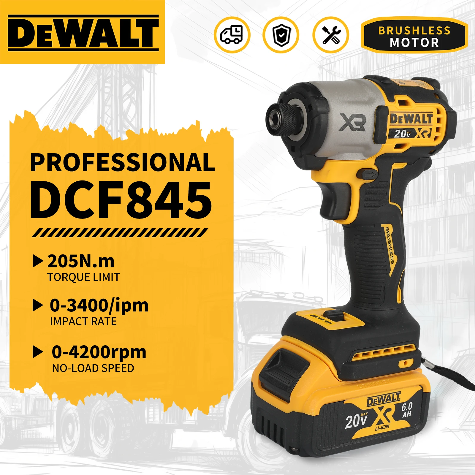

Бесщеточный ударный шуруповерт DEWALT DCF845 20V - высокий крутящий момент 205 Нм, регулируемая скорость, аккумуляторный, без аккумулятора и зарядного устройства