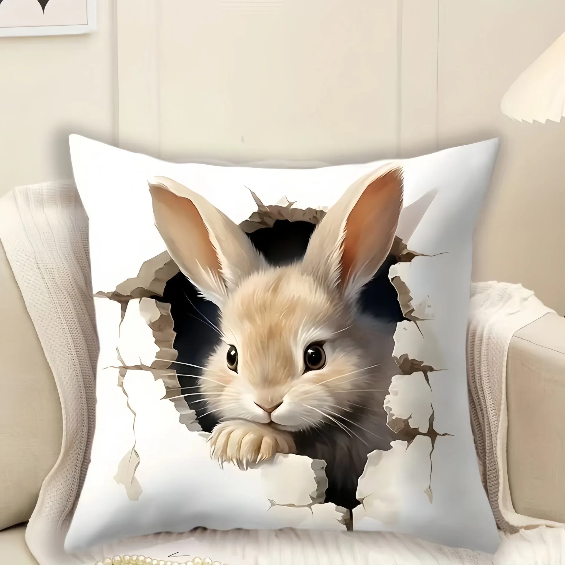 Double Sided 3D Ripped Rabbit Design Soft Throw Pillow Cover for Bed Sofa and Lounge Chair Home Decoration