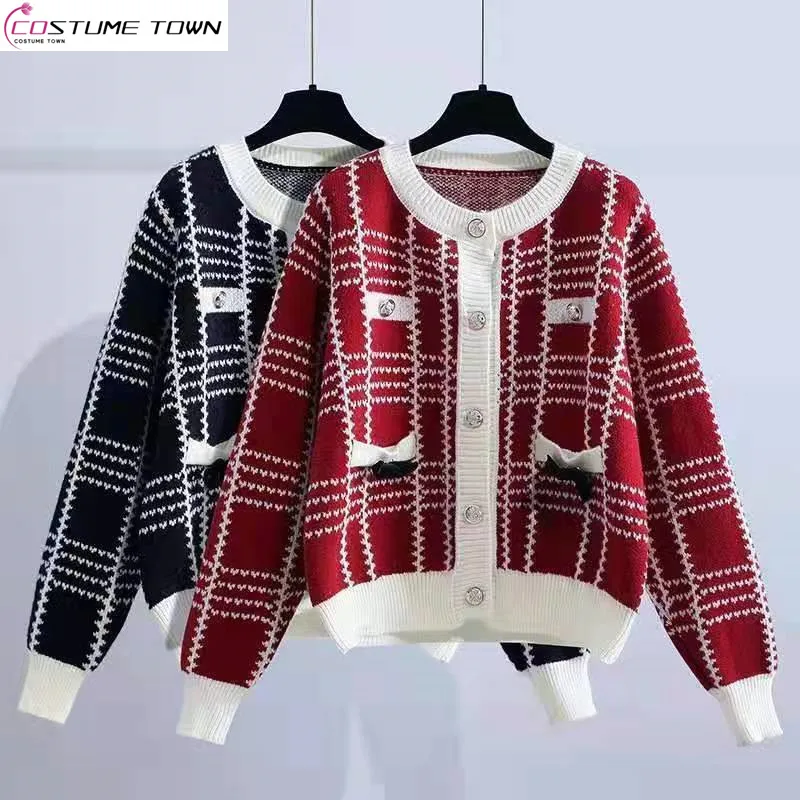 Xiaoxiangfeng 2023 Spring and Autumn Round Neck Plaid Knitted Cardigan Women's Korean Version Slim Fit Long Sleeve Sweater Coat