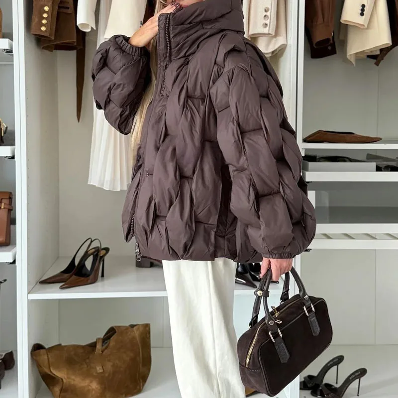 

Elegant Zipper Argyle Padded Coats Fashion Stand Collar Down Cotton Jackets Women Casual Long Sleeve Solid Color Soft Outerwear