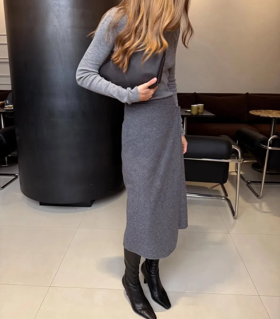 Herbst Winter Neue Damen-Pendlerkleidung Grauer Woll-Midirock Eleganter Hochtaillierter Knopf-Schlitzrock für Damen – Detail 8