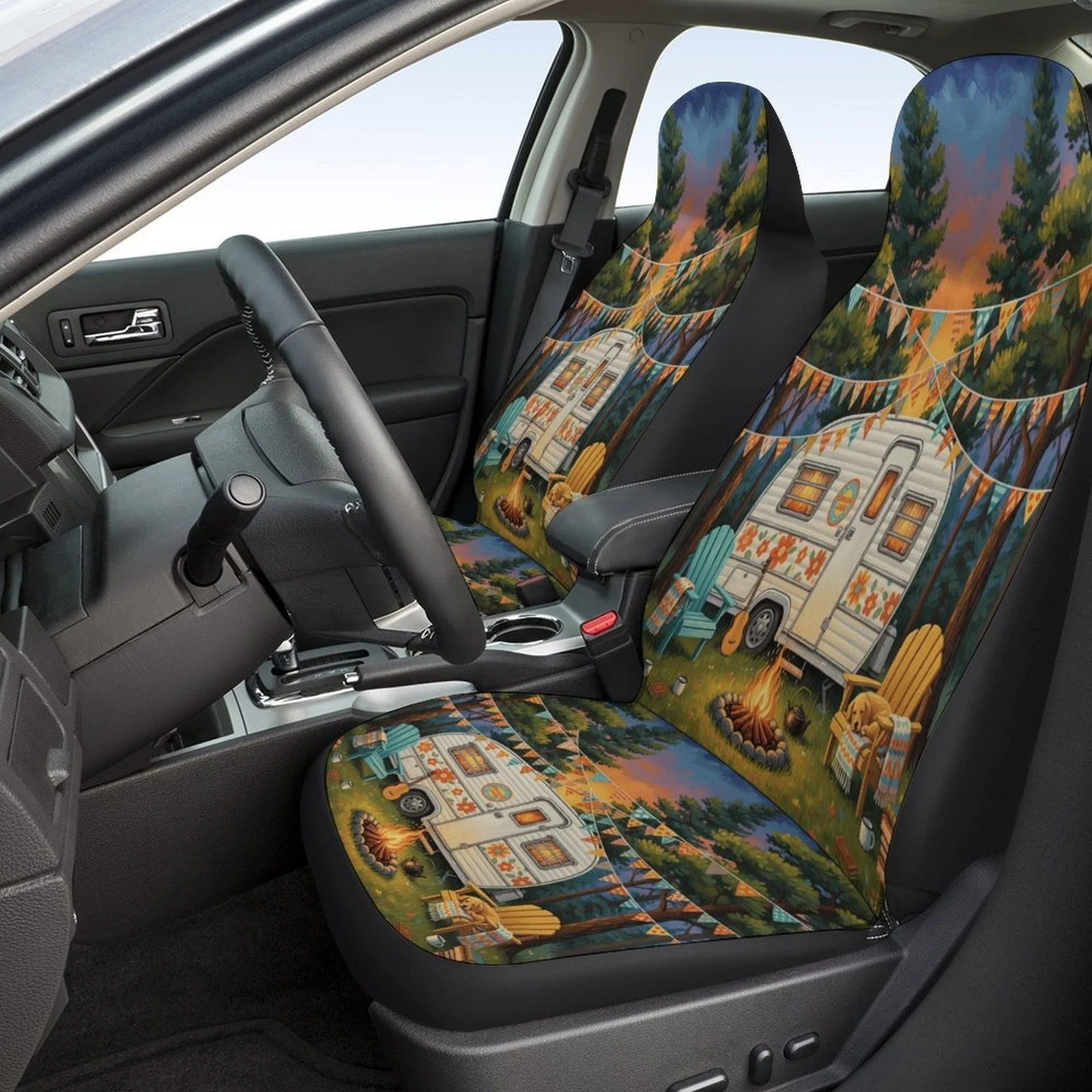 Camping Trailer Evening Themed Car Seat Cover Set For Most Cars, Trendy High-quality Car Seat Protector Covers Full Set, Univers