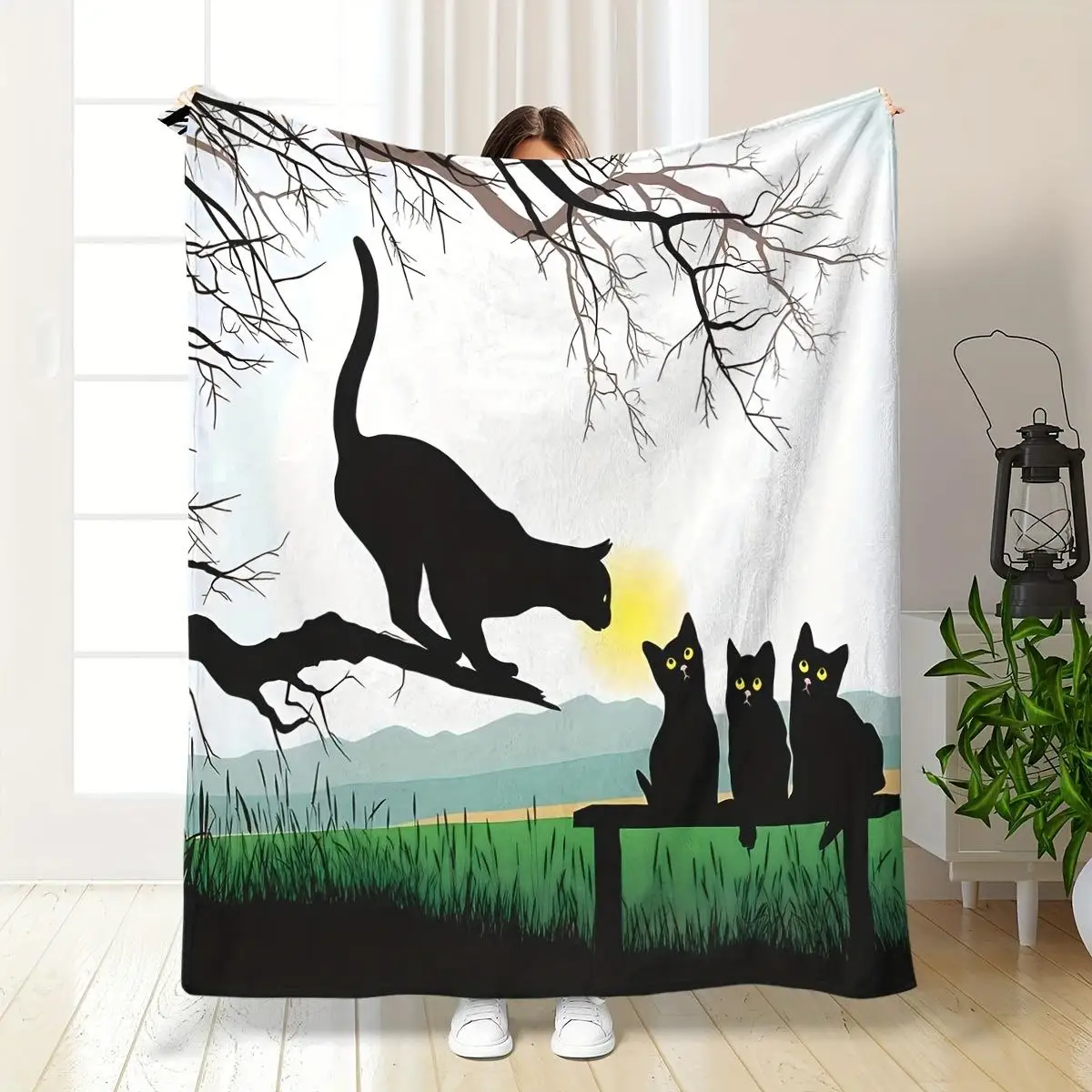 Lujosa manta con estampado de gato negro, poliéster suave para todas las estaciones, acogedor diseño de gato con Feli blanco