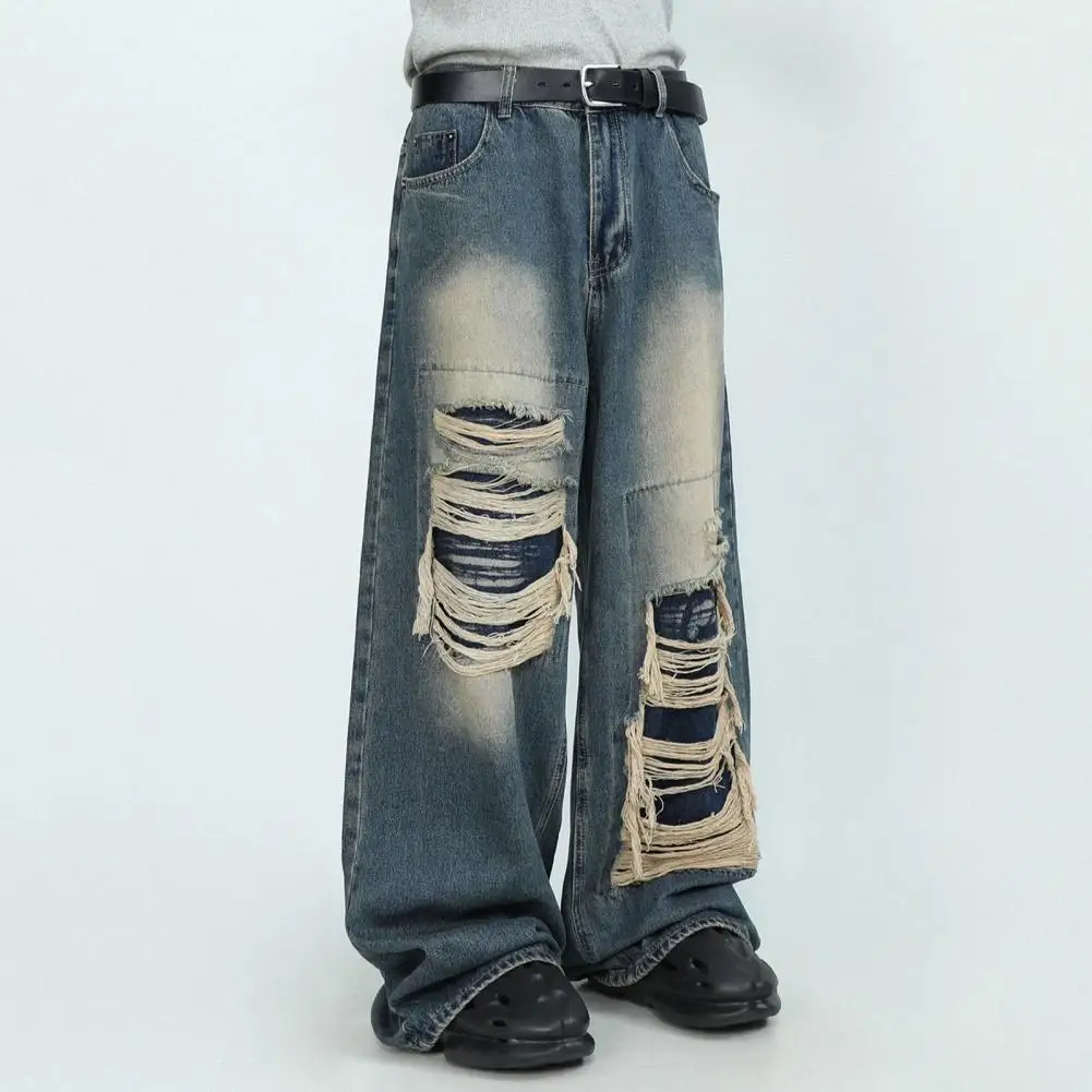 Jeans de perna larga vintage de cintura alta feminino com buracos rasgados, estilo gótico com ajuste reto Hip Hop, jeans angustiado