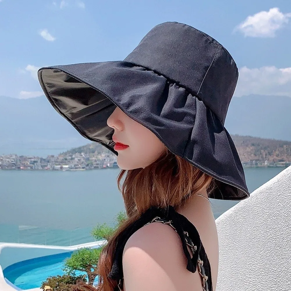Solid Color Women Fisherman Hat Anti-Ultraviolet Foldable Wide Brim Sun Hat Sunshade with Windproof Rope Sun Protection Hat
