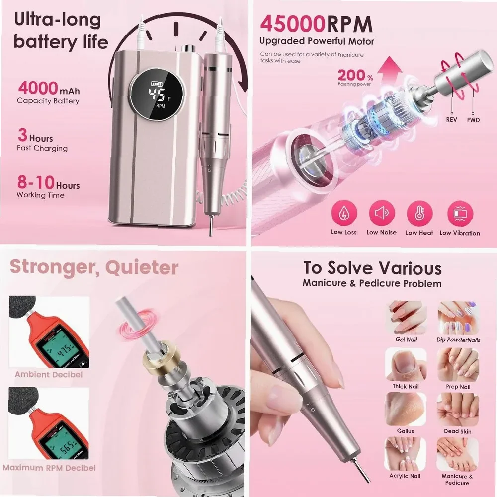 Electric Nail Drill Cordless Acrylic Nail File Tool for Home Salon Manicure Pedicure