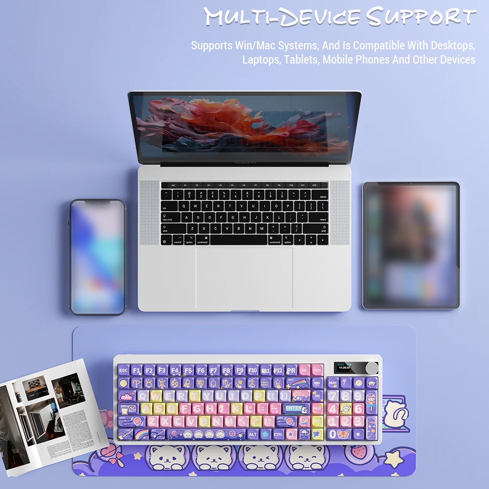 

Wireless Mechanical Keyboard with Red Switches Colorful Backlight Full Key Rollover PBT Keycaps Display Metal Knob Gaming