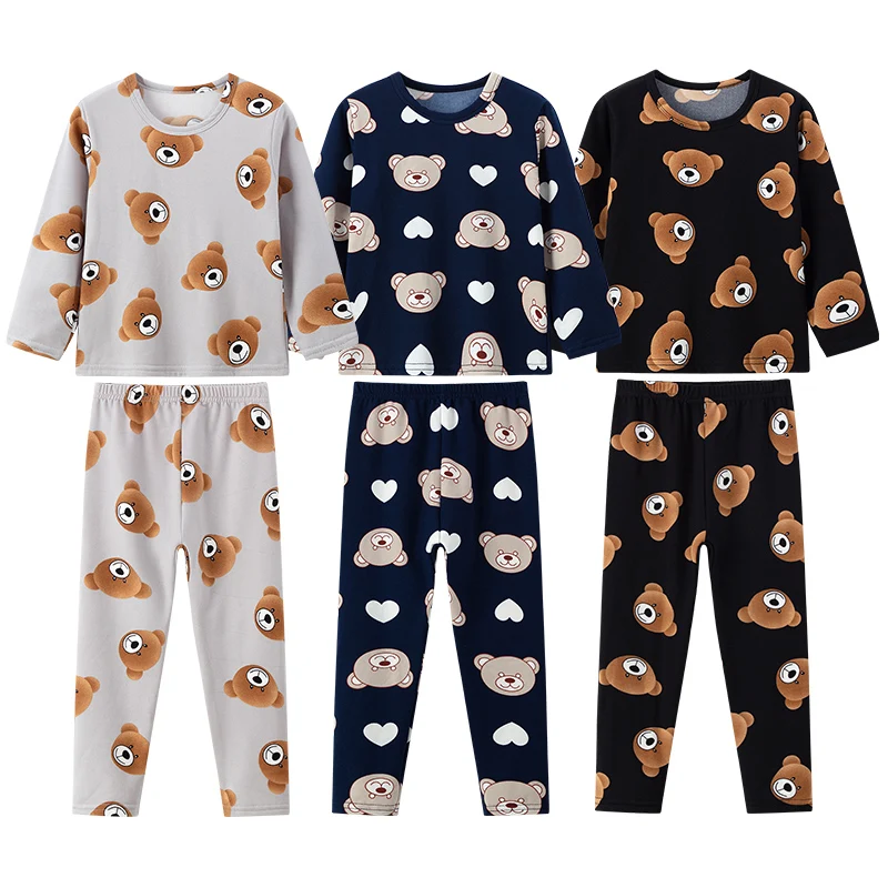 Children's Warm Set Spring/Autumn Cute Bear Printed Multi Color Long Sleeved Pants For Boys/Girls Casual Daily Comfortable Home