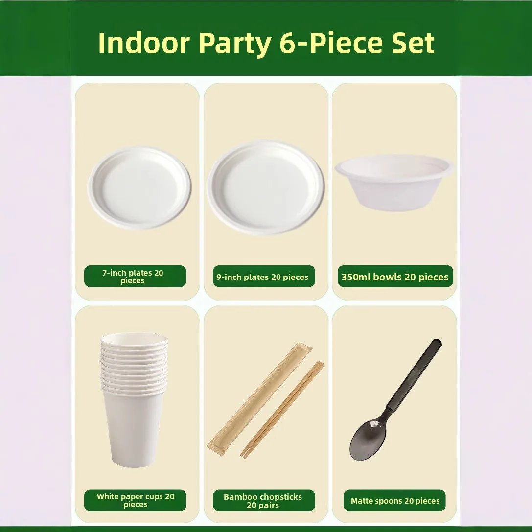 Indoor Party Disposable Biodegradable Paper Bowls Plates Chopsticks Cups Spoons Set for Hot Pot Eco Friendly Tableware Set