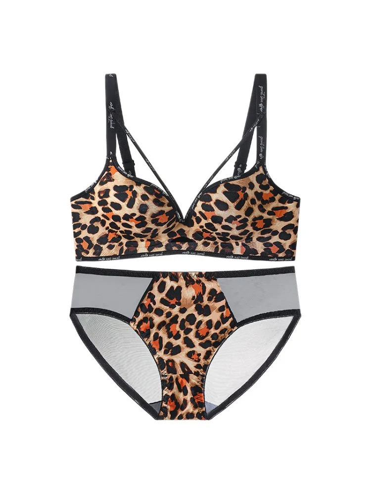 YUQI Sexy Leopardenmuster Dessous-Set für Kleine Frauen Push-Up BH Minimizer für Große Brüste Dünne Träger Buchstaben-Design S-XL Größe