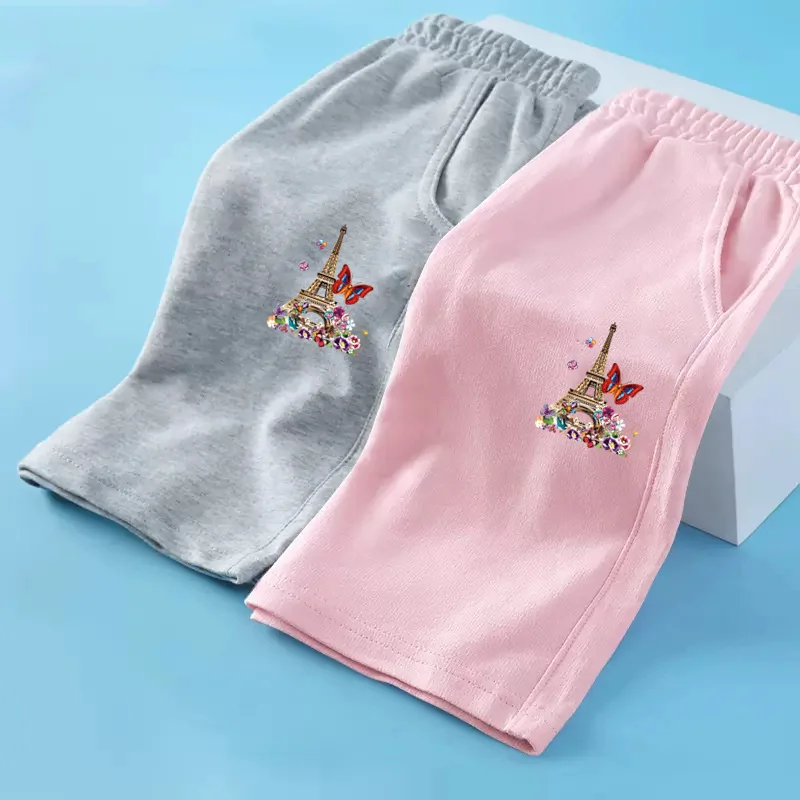 3-14Y Girls Brand Casual Short Pants Paris Tower Summer Shorts Children Loose Cotton Sweatpants Butterfly Clothes