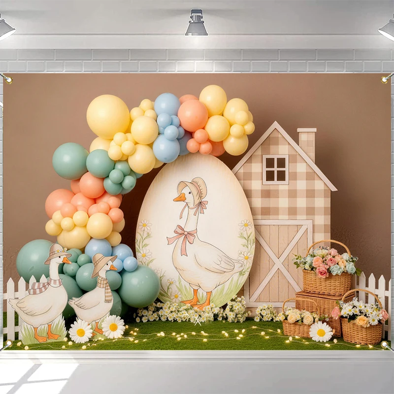LS Cute Silly Goose With Floral Arch Backdrops Kids Baby Cake Smash 1st Birthday Props Garden Wooden Fence Decor Background