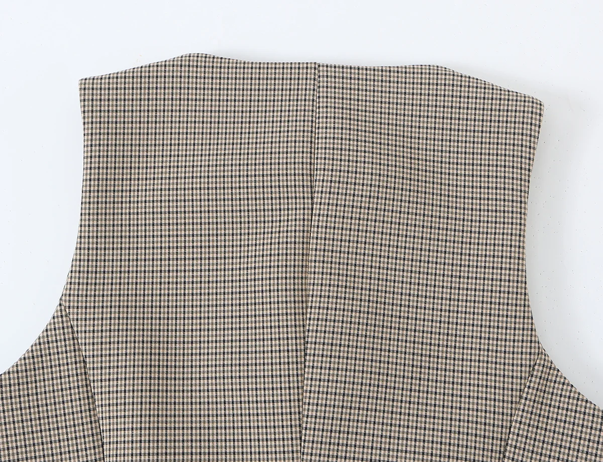 KONDALA Mode 2026 Damen Karierter Khaki-Herbstanzug O-Ausschnitt Zweireihige Weste + Gürtel Lange Hose Vintage Büro-Dame Schicke Sets – Detail 8