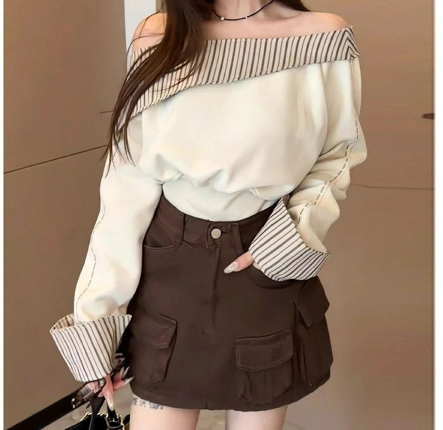 

Trendy Retro Striped Splicing Diagonal Neck Off-shoulder Top Women's Early Autumn Sexy Temperament Waist Short Sweater
