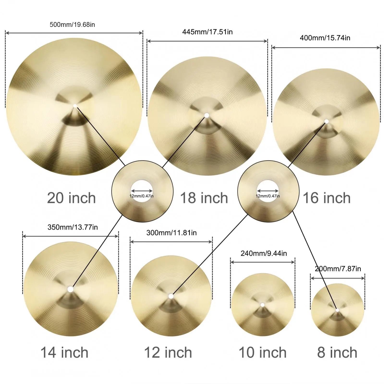 8 / 10 / 12 / 14 / 16 / 18 / 20 inch Alloy Brass Drum Crash Splash Ride Cymbal for Jazz Drum Set, Standard Cymbal