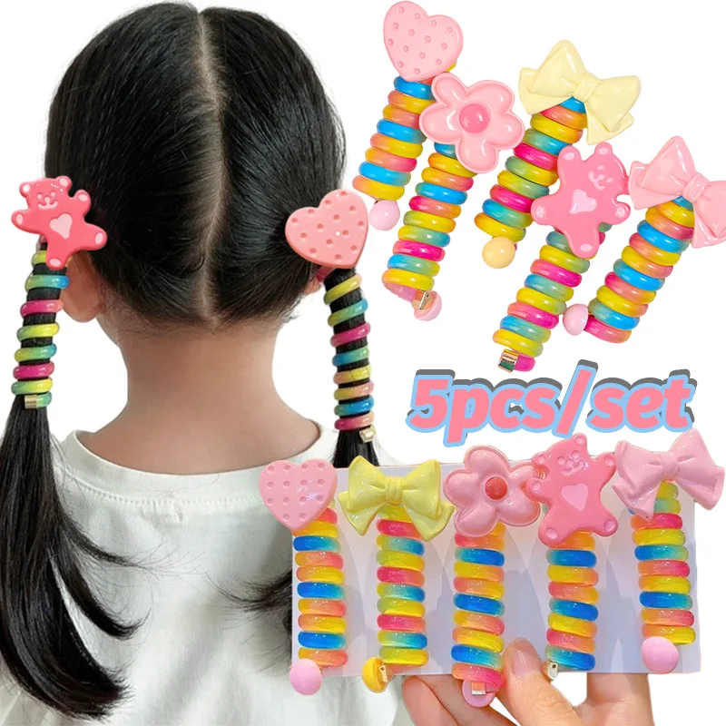 Bandes de cheveux élastiques pour enfants, fil de téléphone mignon, nœud pour filles, bobine en spirale, bandes de sauna en caoutchouc, queue de cheval, accessoires pour cheveux, 5 pièces