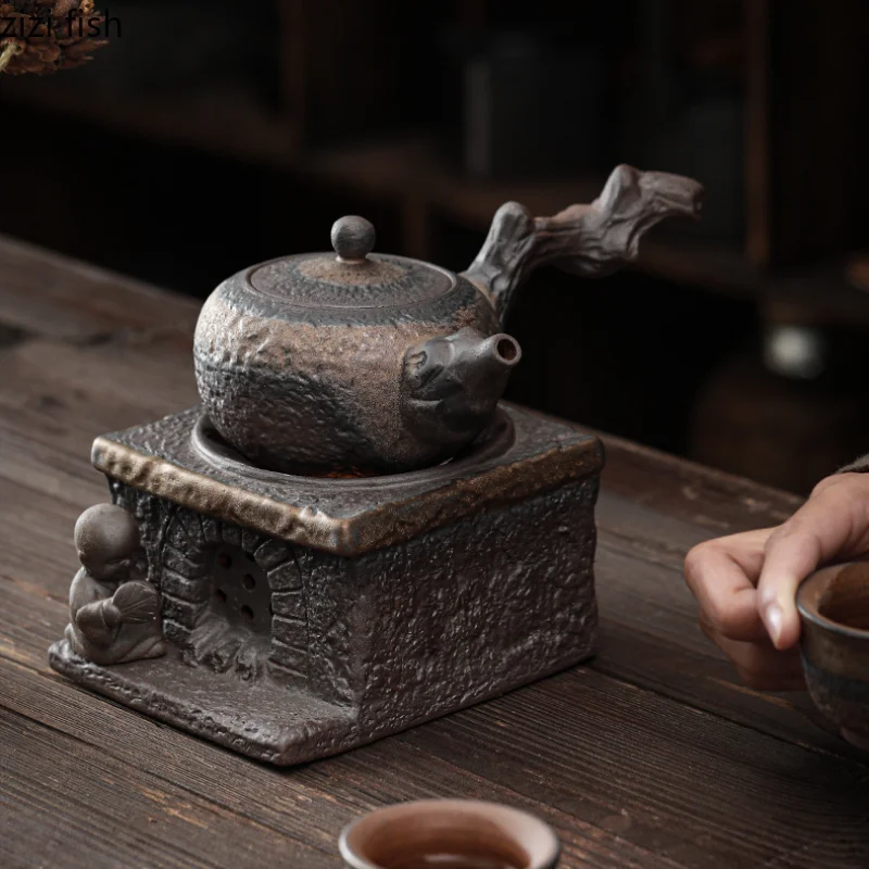 Juego de estufa de té de gres, tetera de cerámica con Base calentada, calentador de té, utensilios para hacer té, tetera de Kung Fu, Infusor de té