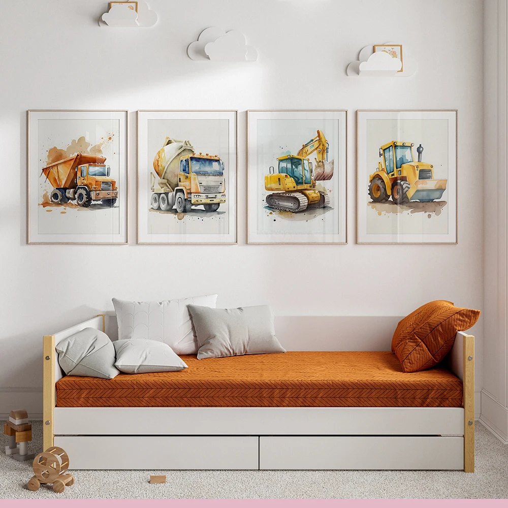 Kids Cartoon Construction Vehicles Art Canvas Painting Boy Room Decor Truck Digger Bulldozer Cement Mixer Truck Poster Prints