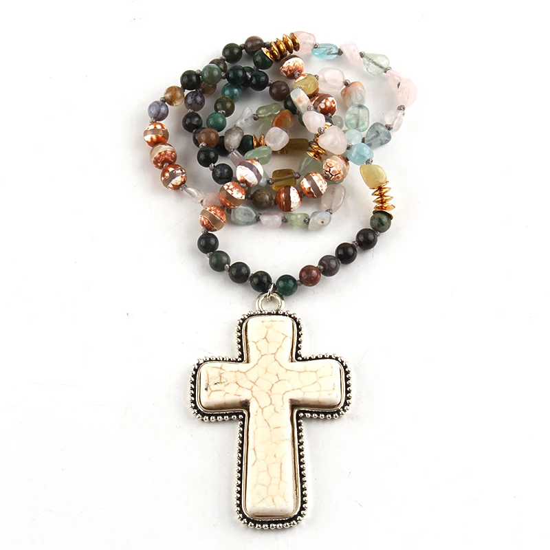 RH Fashion Jewelry Accessory 6mm Natural Stones Beads Knotted  Cross Charm Pendant Necklaces For Festival Gift Dropship