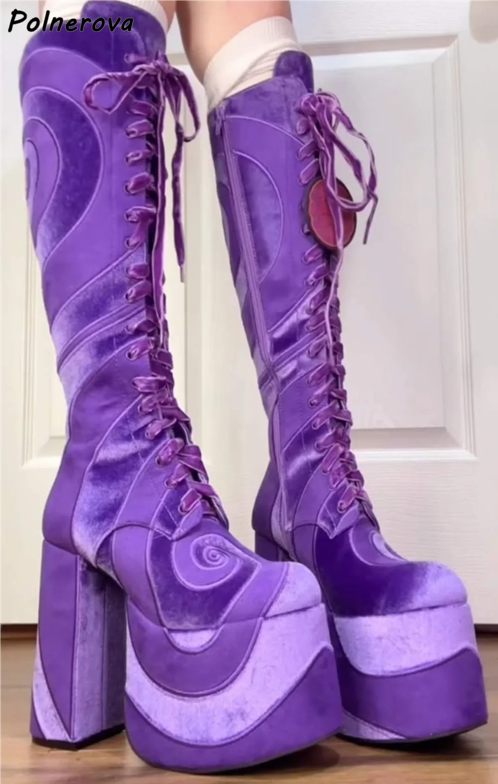 أسود أبيض دوامة أحذية طويلة منصة حذاء بكعب سميك عبر تعادل المرقعة حذاء برقبة للركبة 2025 شتاء دافئ مثير أحذية أنيقة #6