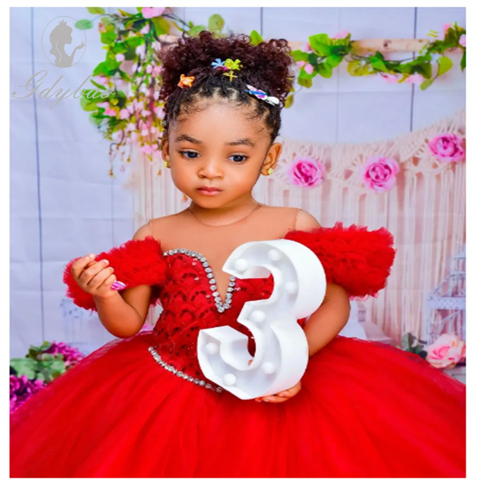 Vestidos de niña de flores Rojo Cumpleaños para niños Cuello transparente Volantes plisados Vestidos de fiesta de tul con gradas para boda